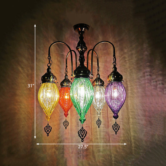 Traditional 5-Head Gourd Chandelier Light With Ribbed Red/Yellow/Green Glass