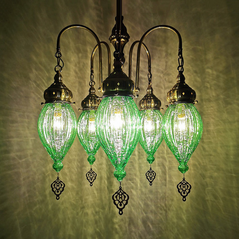 Traditional 5-Head Gourd Chandelier Light With Ribbed Red/Yellow/Green Glass Green