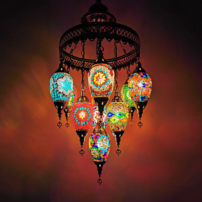 Ice Cream Stained Glass Pendant Chandelier - Traditional 10-Head Ceiling Light In