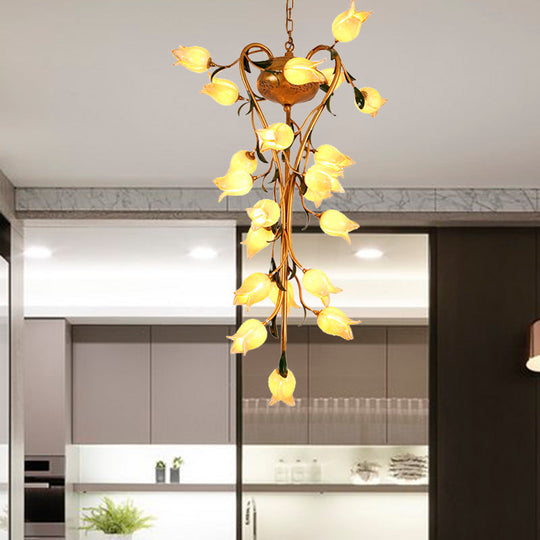 Brass Metal Led Pendant Ceiling Light - American Flower Chandelier Fixture With 21 Heads For Kitchen