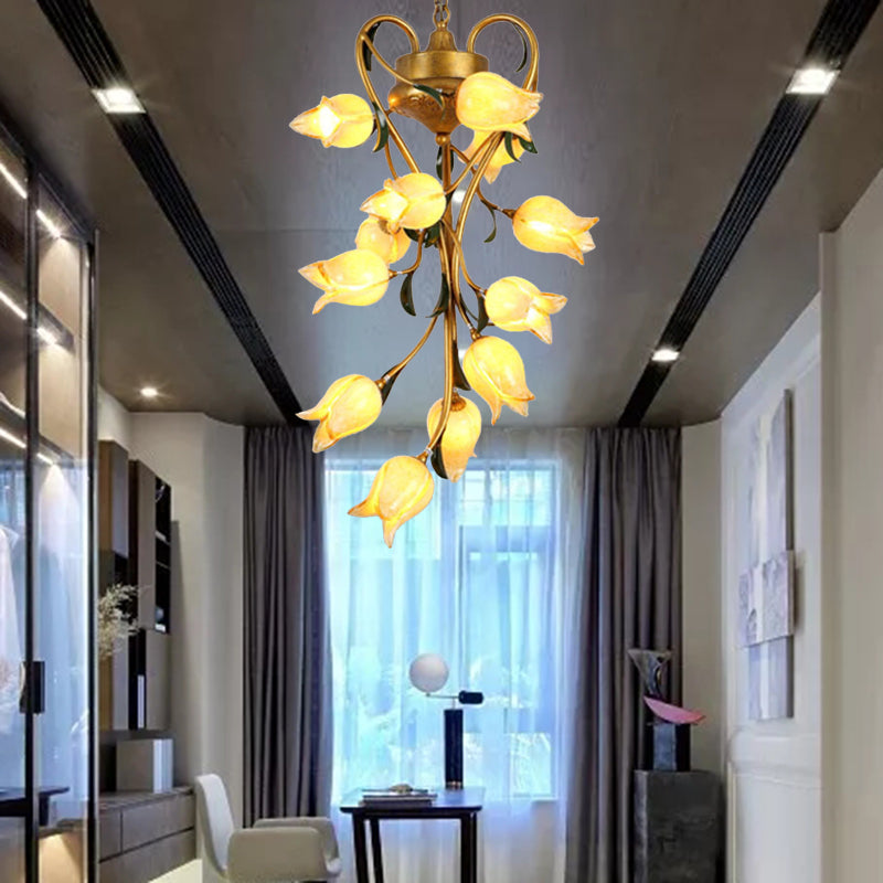 Metal Hanging Chandelier With 12 Bulbs - American Garden Brass Blossom Design Led Pendant Lighting