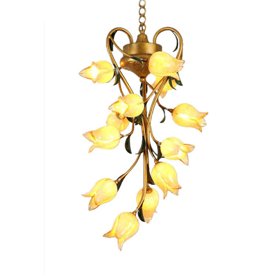 Metal Hanging Chandelier With 12 Bulbs - American Garden Brass Blossom Design Led Pendant Lighting