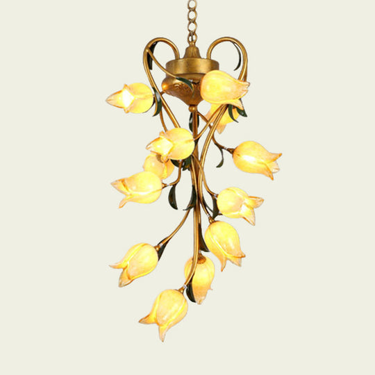 Metal Hanging Chandelier With 12 Bulbs - American Garden Brass Blossom Design Led Pendant Lighting