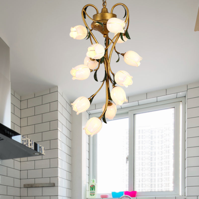 Metal Hanging Chandelier With 12 Bulbs - American Garden Brass Blossom Design Led Pendant Lighting