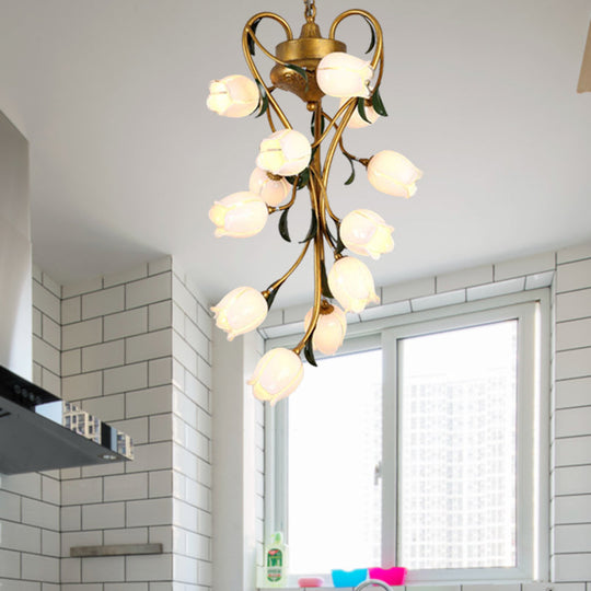 Metal Hanging Chandelier With 12 Bulbs - American Garden Brass Blossom Design Led Pendant Lighting