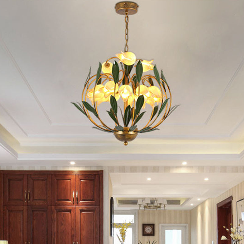 Modern Floral Chandelier: Countryside Brass Led Pendant Light Fixture 15-Bulb Metal Design For