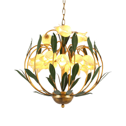 Modern Floral Chandelier: Countryside Brass Led Pendant Light Fixture 15-Bulb Metal Design For