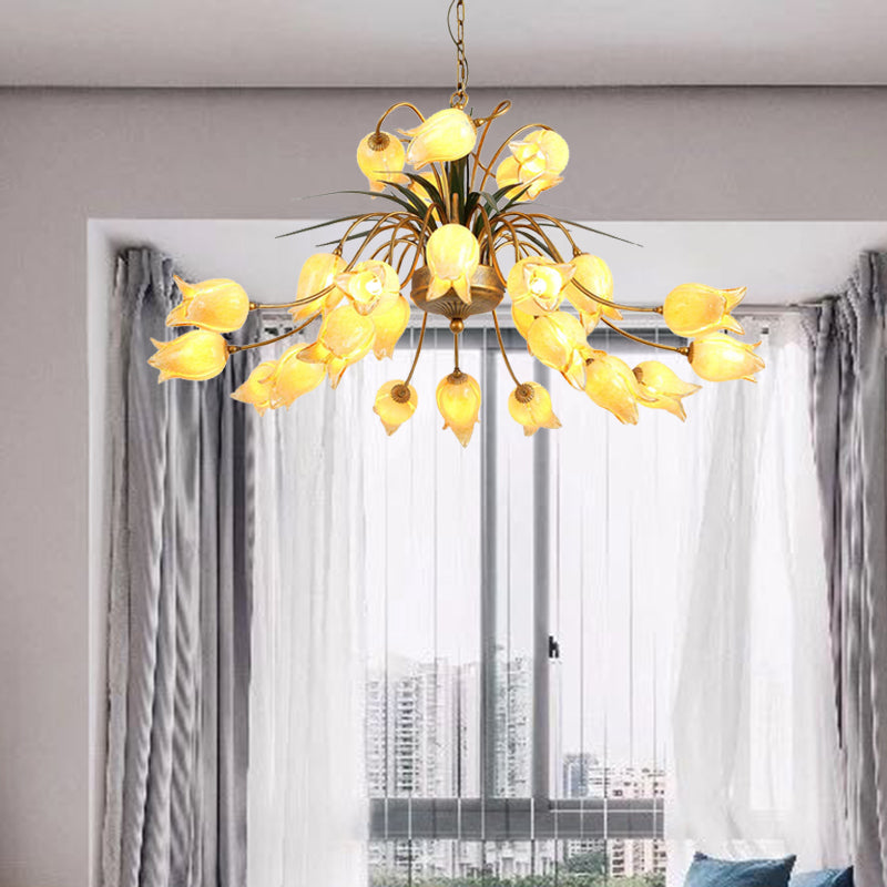 Romantic Metal Tulip/Lily Chandelier Light Fixture - 25-Light Led Ceiling Pendant In Brass For