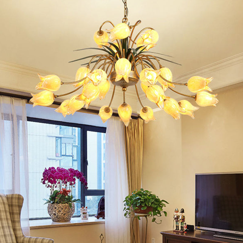 Romantic Metal Tulip/Lily Chandelier Light Fixture - 25-Light Led Ceiling Pendant In Brass For