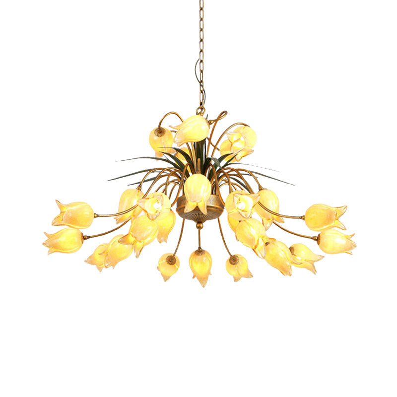 Romantic Metal Tulip/Lily Chandelier Light Fixture - 25-Light Led Ceiling Pendant In Brass For