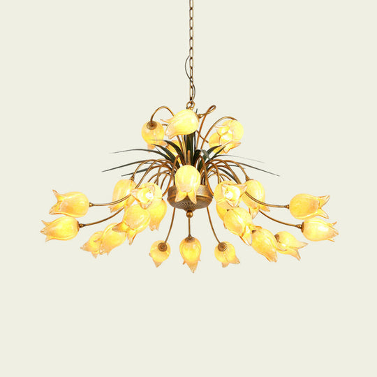 Romantic Metal Tulip/Lily Chandelier Light Fixture - 25-Light Led Ceiling Pendant In Brass For