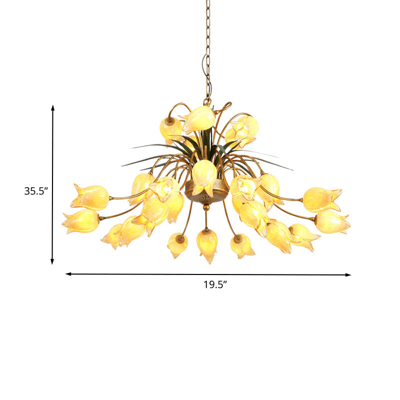 Romantic Metal Tulip/Lily Chandelier Light Fixture - 25-Light Led Ceiling Pendant In Brass For