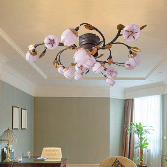 Romantic 15-Light Nickel Lotus LED Semi Flush Ceiling Light for Bedroom