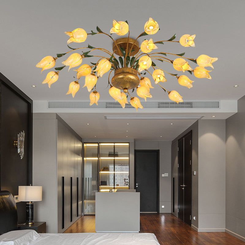 Flower Ceiling Light Fixture - American Design with 25 LED Bulbs, Metal Semi-Mount Lighting in Brass for Living Room