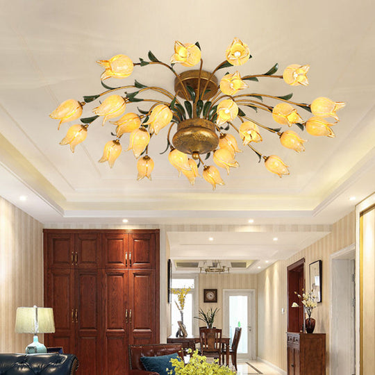 Flower Ceiling Light Fixture - American Design with 25 LED Bulbs, Metal Semi-Mount Lighting in Brass for Living Room