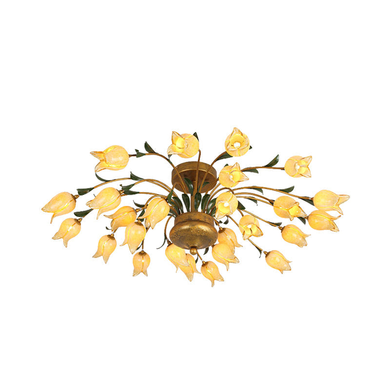 Flower Ceiling Light Fixture - American Design with 25 LED Bulbs, Metal Semi-Mount Lighting in Brass for Living Room