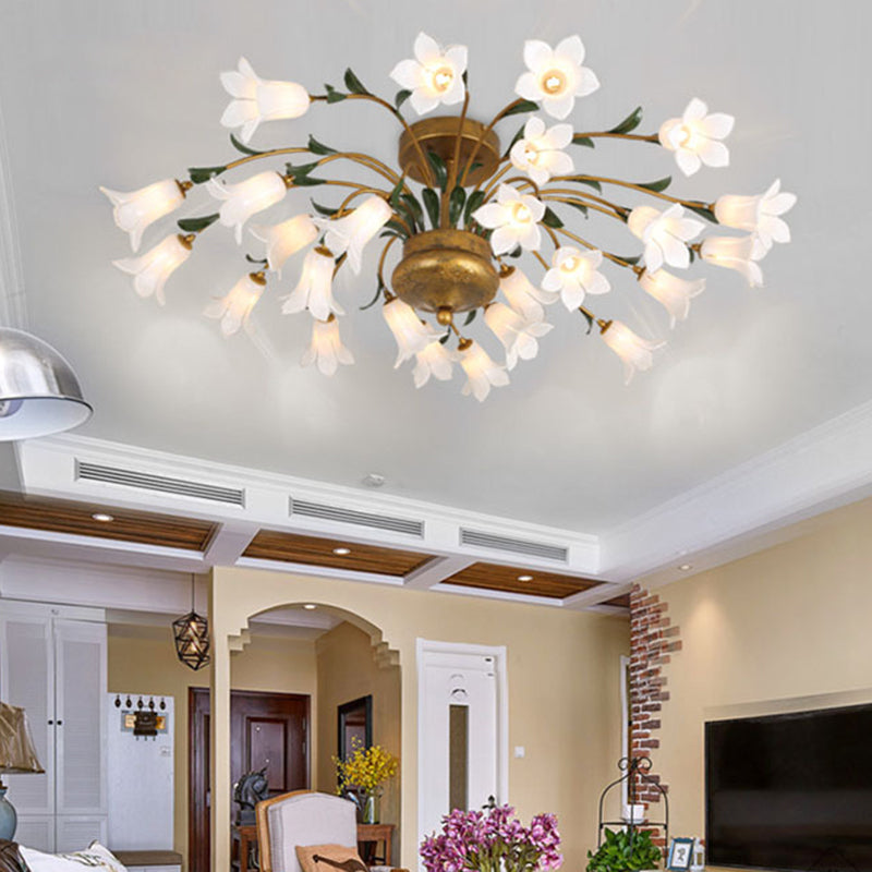 Flower Ceiling Light Fixture - American Design with 25 LED Bulbs, Metal Semi-Mount Lighting in Brass for Living Room