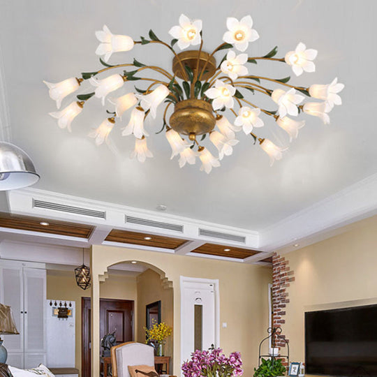 Flower Ceiling Light Fixture - American Design With 25 Led Bulbs Metal Semi-Mount Lighting In Brass