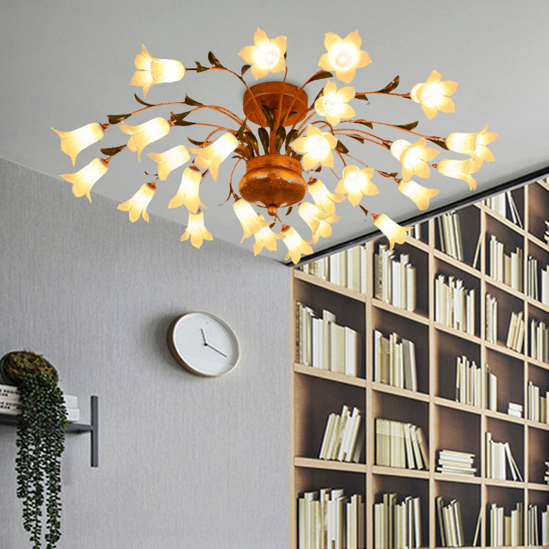 Flower Ceiling Light Fixture - American Design with 25 LED Bulbs, Metal Semi-Mount Lighting in Brass for Living Room