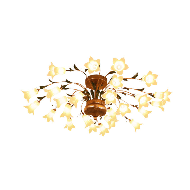 Flower Ceiling Light Fixture - American Design with 25 LED Bulbs, Metal Semi-Mount Lighting in Brass for Living Room