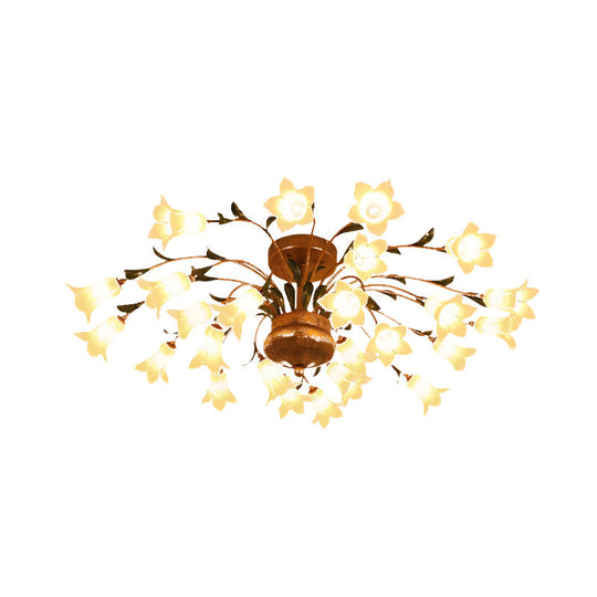 Flower Ceiling Light Fixture - American Design with 25 LED Bulbs, Metal Semi-Mount Lighting in Brass for Living Room