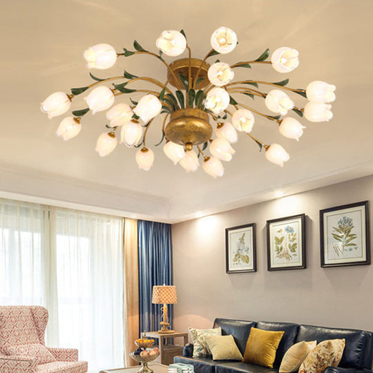 Flower Ceiling Light Fixture - American Design with 25 LED Bulbs, Metal Semi-Mount Lighting in Brass for Living Room