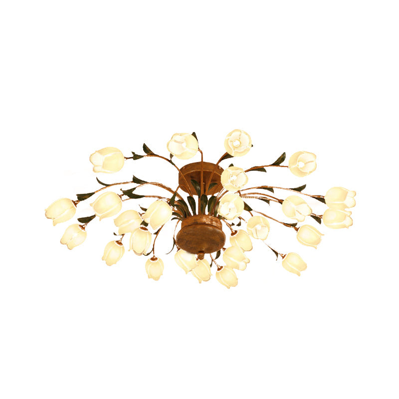 Flower Ceiling Light Fixture - American Design with 25 LED Bulbs, Metal Semi-Mount Lighting in Brass for Living Room