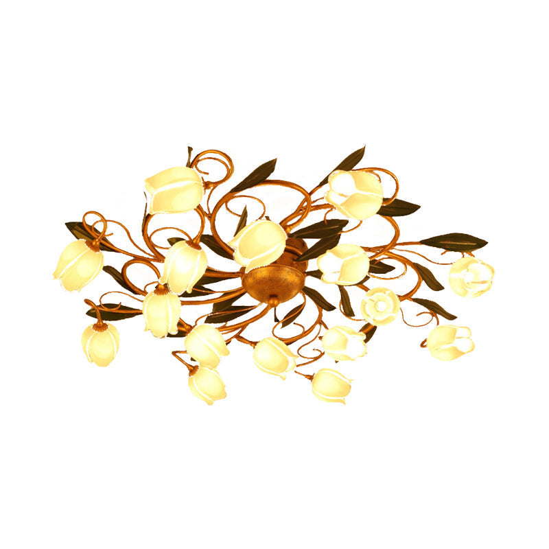 Metal Brass Ceiling Flush Lily/Tulip LED Semi Mount Lighting - 16-Head American Garden Style for Bedroom