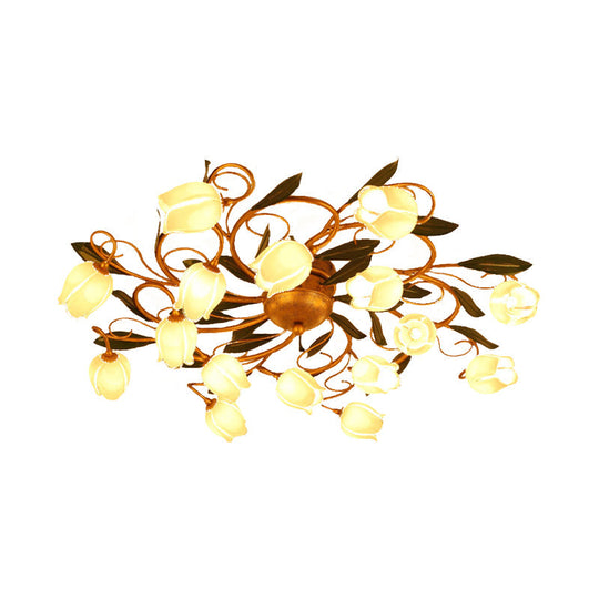 Metal Brass Ceiling Flush Lily/Tulip LED Semi Mount Lighting - 16-Head American Garden Style for Bedroom