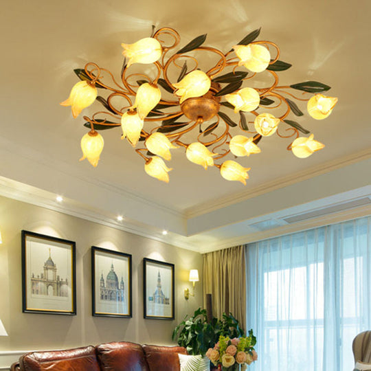 Metal Brass Ceiling Flush Lily/Tulip LED Semi Mount Lighting - 16-Head American Garden Style for Bedroom