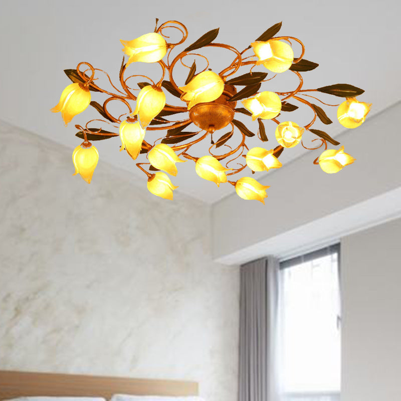 Metal Brass Ceiling Flush Lily/Tulip LED Semi Mount Lighting - 16-Head American Garden Style for Bedroom