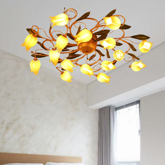 Metal Brass Ceiling Flush Lily/Tulip Led Semi Mount Lighting - 16-Head American Garden Style For