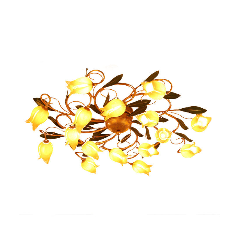 Metal Brass Ceiling Flush Lily/Tulip LED Semi Mount Lighting - 16-Head American Garden Style for Bedroom