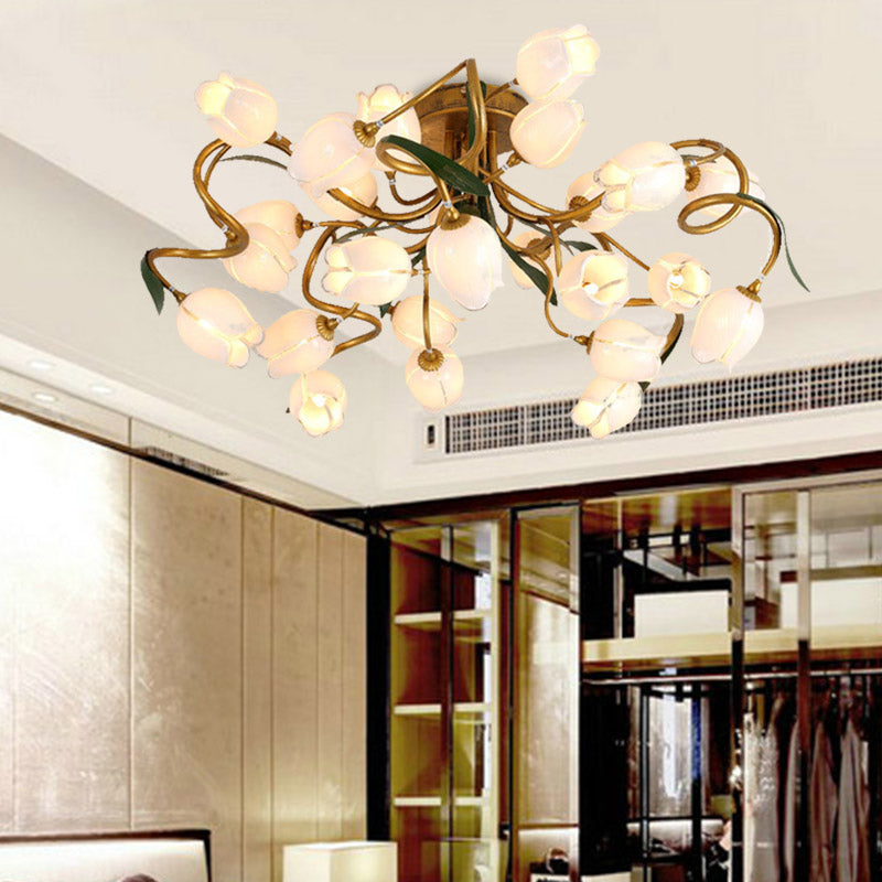 Starburst Flower Metal 25-Head LED Brass Semi Flush Ceiling Light Fixture for Living Room