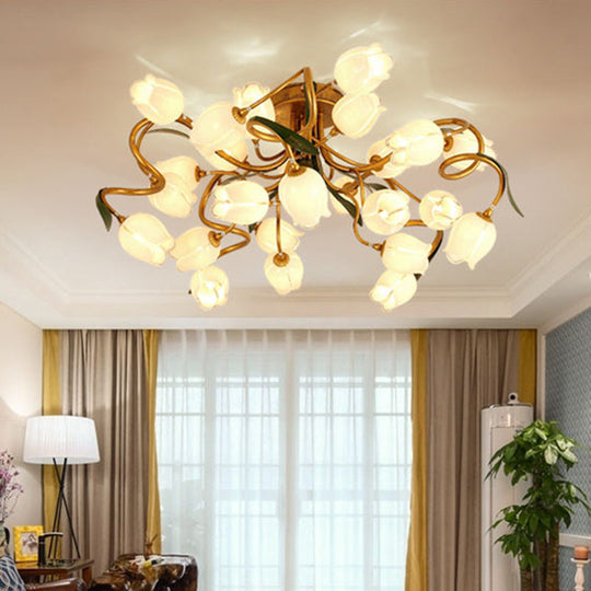 Starburst Flower Metal 25-Head LED Brass Semi Flush Ceiling Light Fixture for Living Room