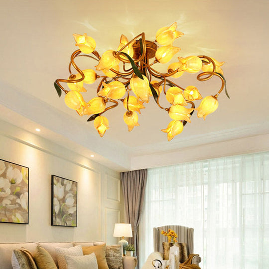 Starburst Flower Metal 25-Head LED Brass Semi Flush Ceiling Light Fixture for Living Room