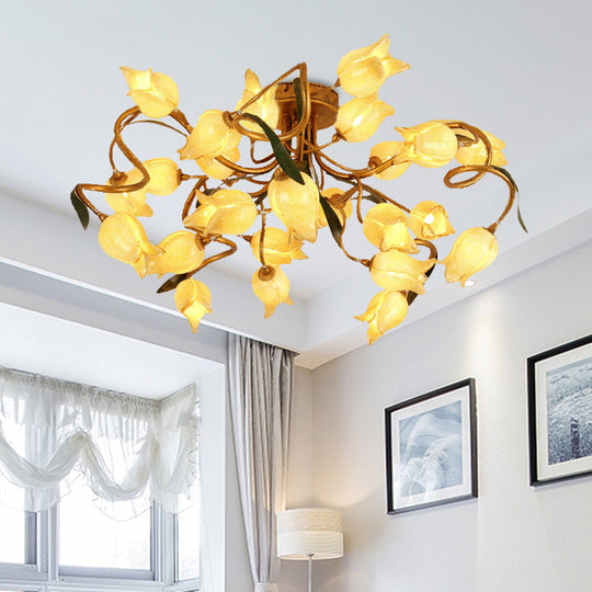 Starburst Flower Metal 25-Head LED Brass Semi Flush Ceiling Light Fixture for Living Room