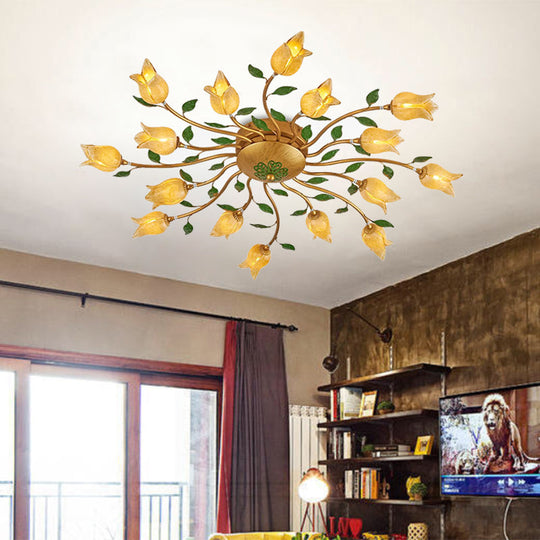 Romantic Brass Spiral LED Flower Ceiling Light Fixture - Semi Flush, 16 Heads - Bedroom Décor