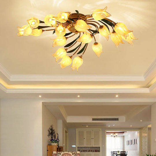 18-Light Brass LED Ceiling Semi-Flush Mount for American Garden Inspired Living Rooms