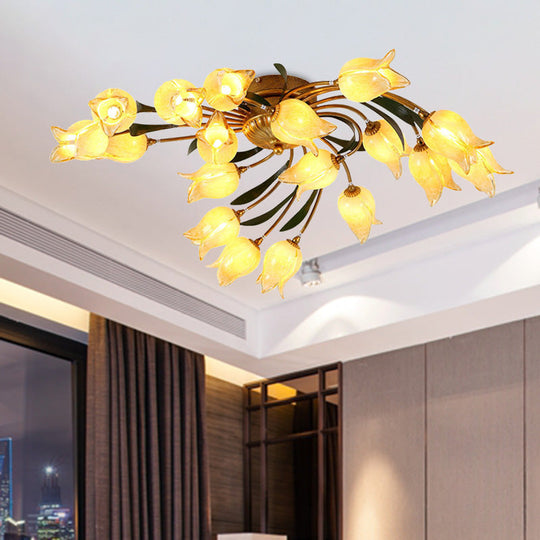 18-Light Brass LED Ceiling Semi-Flush Mount for American Garden Inspired Living Rooms