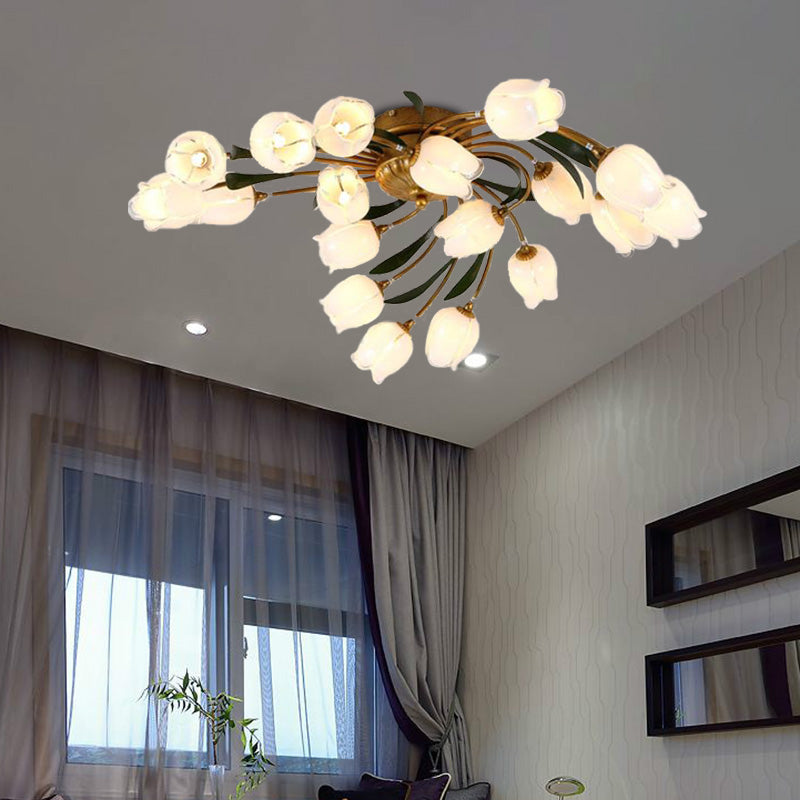 18-Light Brass LED Ceiling Semi-Flush Mount for American Garden Inspired Living Rooms