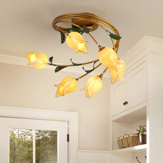 Tulip Ceiling Light: 6-Bulb LED Semi Flush Mount in Brass for Living Room