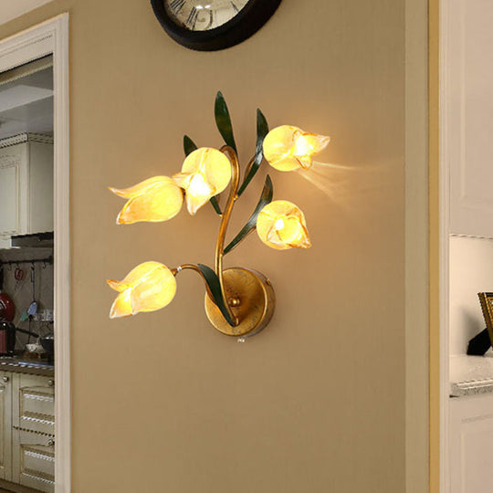 Gold Metal Led Wall Sconce Light With 5 Heads - Countryside Flower Mount Lamp For Living Room / A