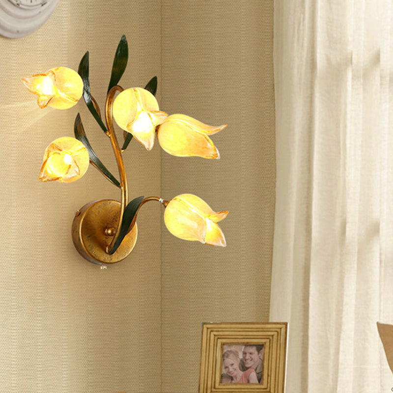 Gold Metal Led Wall Sconce Light With 5 Heads - Countryside Flower Mount Lamp For Living Room