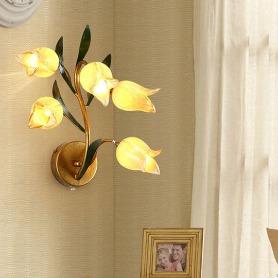 Gold Metal Led Wall Sconce Light With 5 Heads - Countryside Flower Mount Lamp For Living Room