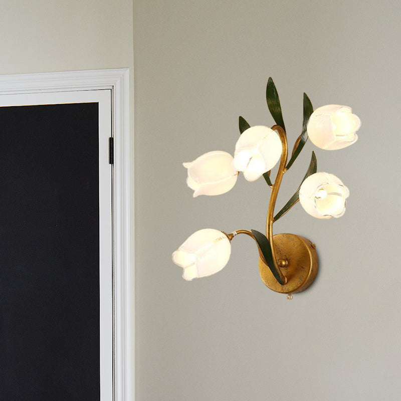 Gold Metal Led Wall Sconce Light With 5 Heads - Countryside Flower Mount Lamp For Living Room / C