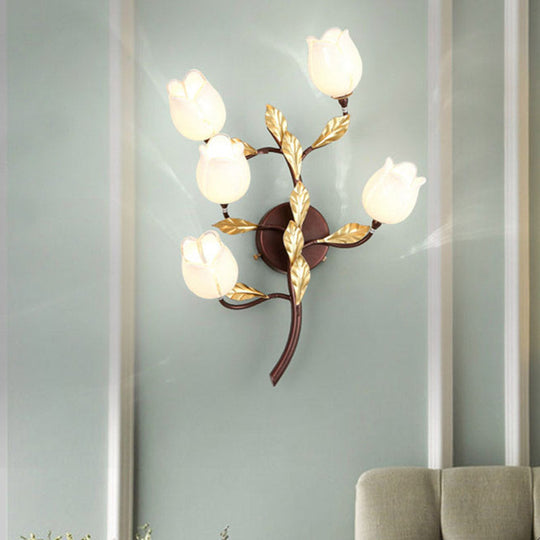 Blossom Metal Wall Sconce - 5-Head Led Lighting Fixture In Brass For Living Room Pastoral Design