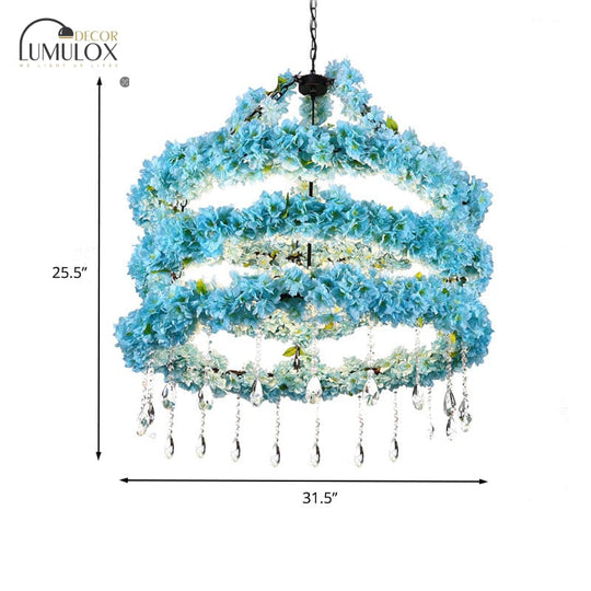 Industrial Blue Circle Pendant Chandelier with LED Down Lighting and Crystal Accent - 6 Heads, 31.5"/39" W