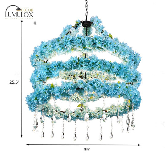 Industrial Blue Circle Pendant Chandelier with LED Down Lighting and Crystal Accent - 6 Heads, 31.5"/39" W