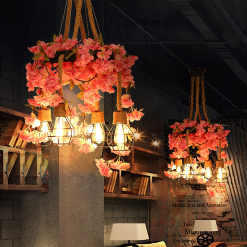 Antique Pink/Rose Red Metal LED Flower Cluster Pendant Lamp - 4/6 Lights - Ideal for Restaurants